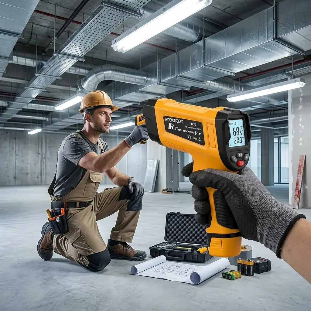 Professional using NOVATEMP infrared thermometer in an industrial setting
