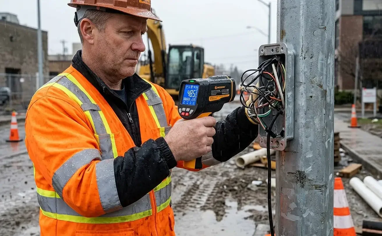 Worker using NOVATEMP to check streetlight wiring temperature